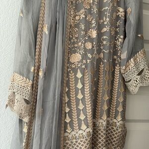 Gray Dress with Gold Embroidery and Lace